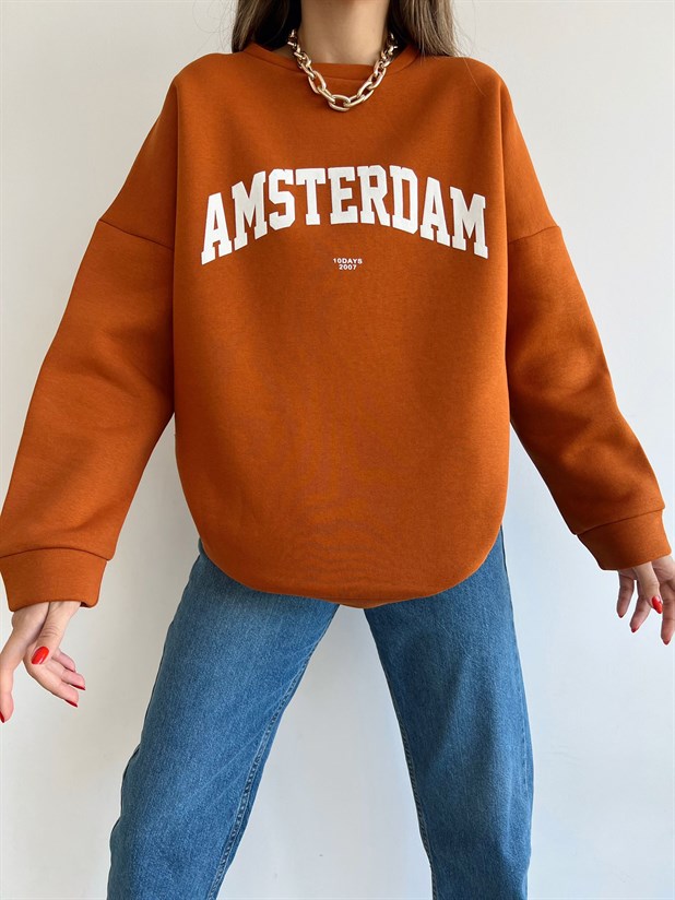 Amsterdam 3 İplik Şardonlu Swearshirt Kiremit