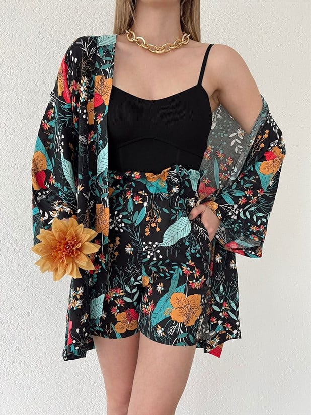 Flora Desen İkili Kimono Takım Siyah