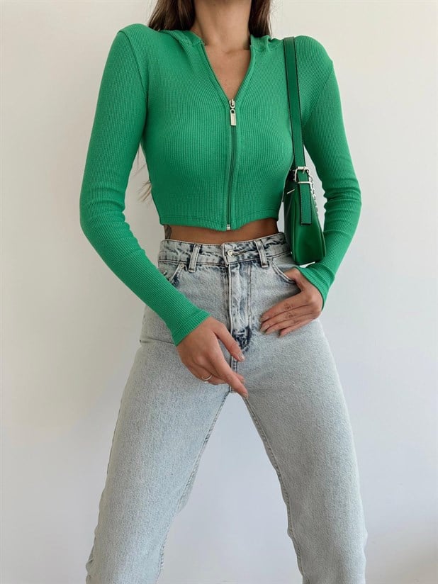 Kapüşonlu Fermuarlı Fitilli Crop Bluz Yeşil
