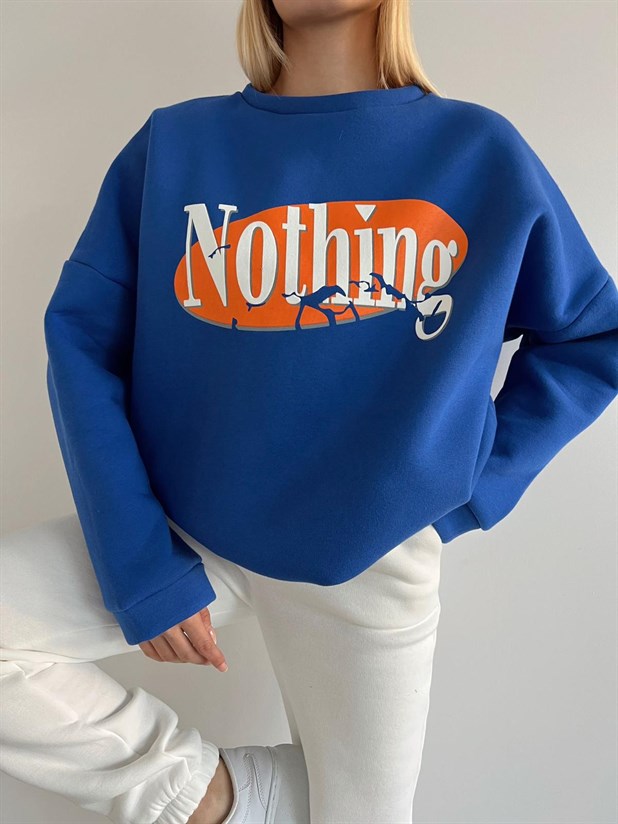 Nothing Baskı 3 İplik Şardonlu Sweatshirt Mavi