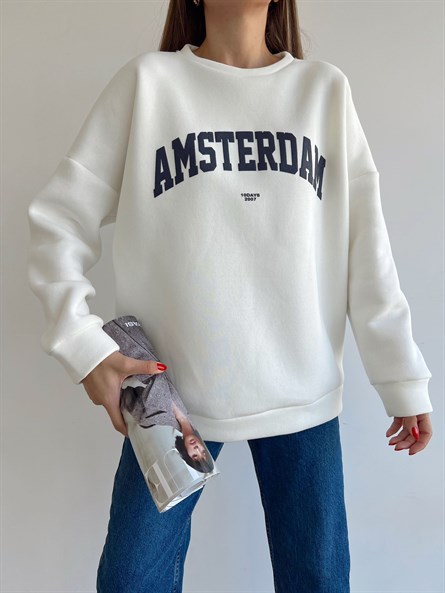 Amsterdam 3 İplik Şardonlu Swearshirt Beyaz