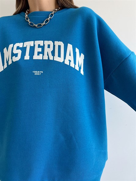 Amsterdam 3 İplik Şardonlu Swearshirt Mavi