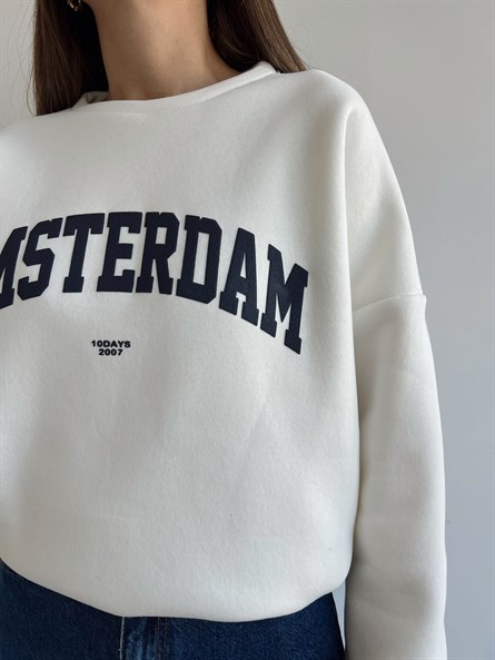 Amsterdam 3 İplik Şardonlu Swearshirt Beyaz