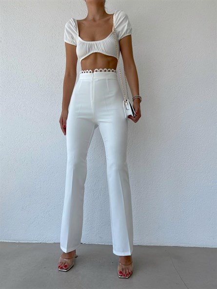 Bel Güpür Detay Yüksek Bel Kumaş Pantolon Beyaz
