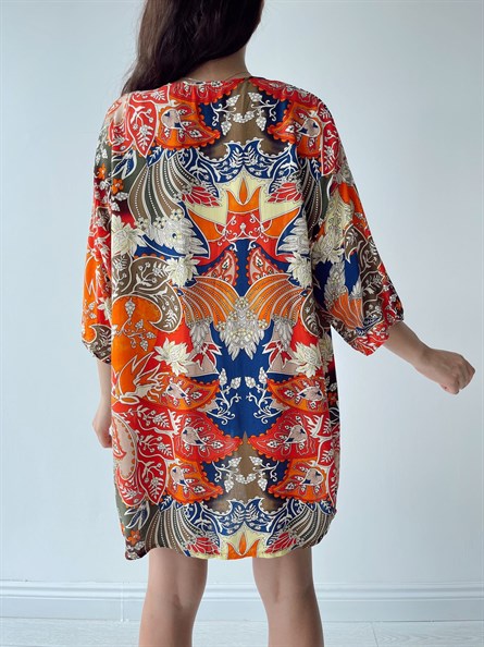 Bel Kemerli Etnik Desen Kimono Çok Renkli