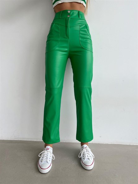 Çift Düğme Boru Paça Deri Pantolon Yeşil
