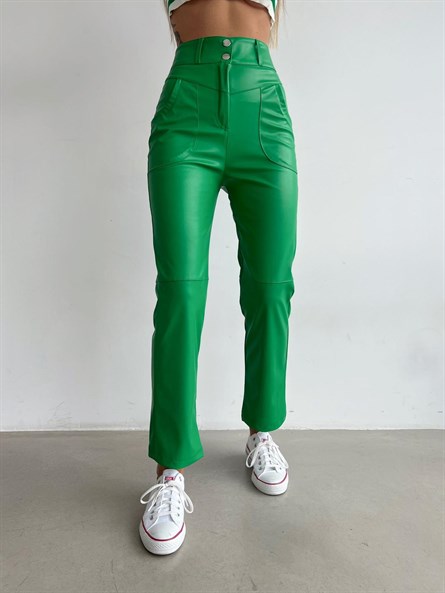 Çift Düğme Boru Paça Deri Pantolon Yeşil