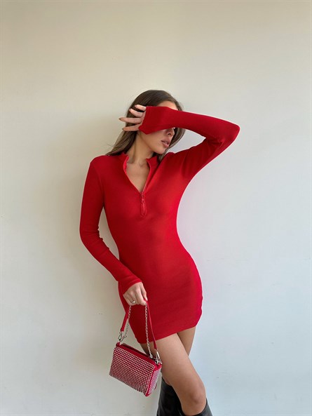 Dik Yaka Fermuarlı Fitilli Basic Elbise Kırmızı