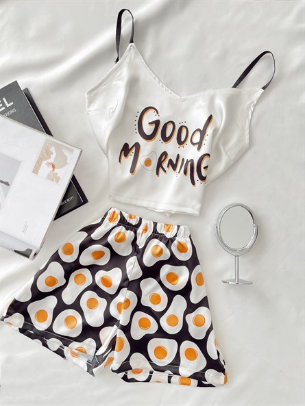 Egg Saten İkili Pijama Takımı Krem