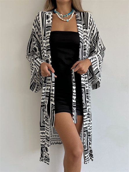 Etnik Desen Kimono Beyaz-Siyah