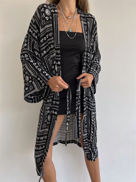 Etnik Desen Kimono Siyah-Beyaz