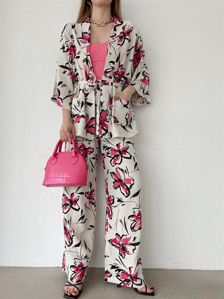 Flora Keten Bağlamalı Kimono Pembe