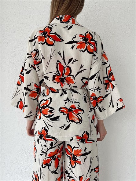 Flora Keten Bağlamalı Kimono Turuncu