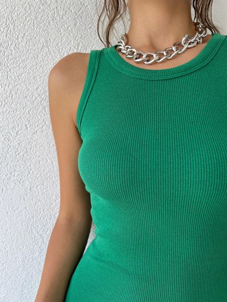 Halter Yaka Fitilli Basic Elbise Yeşil