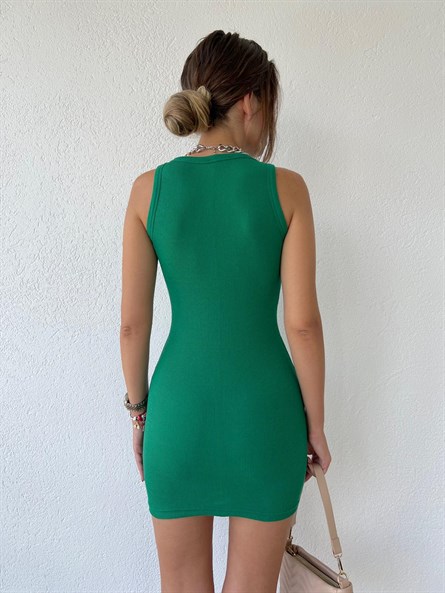 Halter Yaka Fitilli Basic Elbise Yeşil