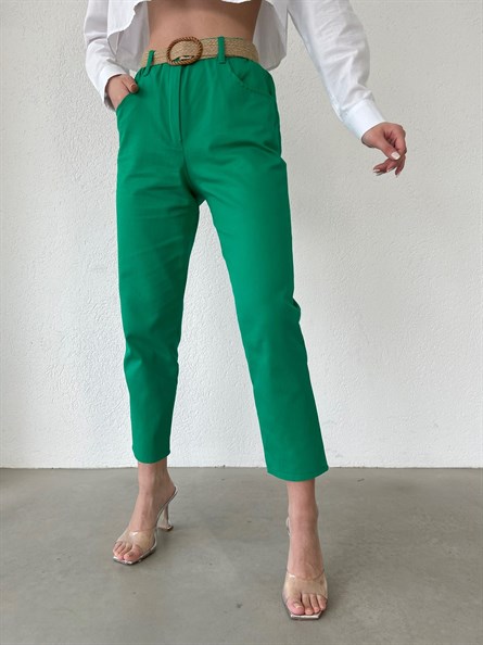 Hasır Kemerli Gabardin Havuç Pantolon Koyu Yeşil