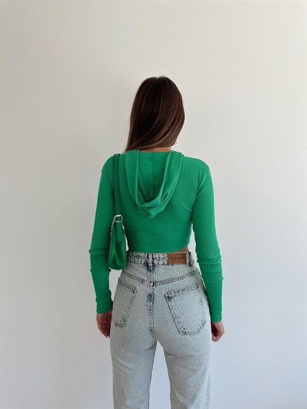 Kapüşonlu Fermuarlı Fitilli Crop Bluz Yeşil