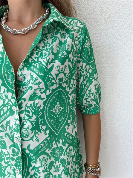Karpuz Kol Desenli Vintage Gömlek Yeşil