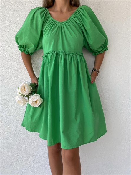 Karpuz Kol Poplin Elbise Yeşil