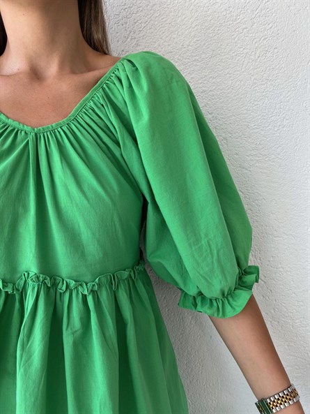 Karpuz Kol Poplin Elbise Yeşil