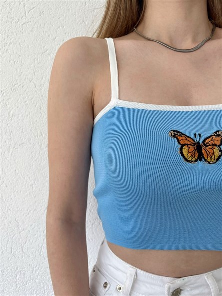 Kelebek Nakışlı Askılı Triko Crop Mavi