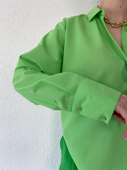 Kol Çift Düğme Oversize Poplin Gömlek Fıstık Yeşili