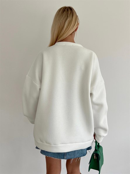 Nordic İşleme Oversize Sweatshirt Beyaz