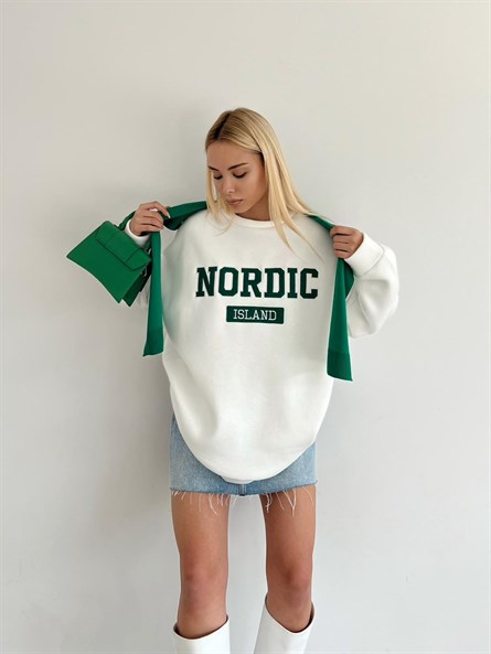 Nordic İşleme Oversize Sweatshirt Beyaz