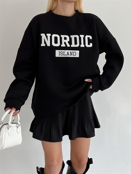 Nordic İşleme Oversize Sweatshirt Siyah