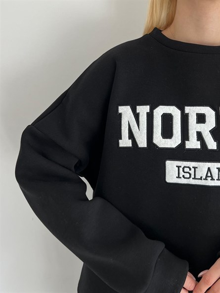 Nordic İşleme Oversize Sweatshirt Siyah