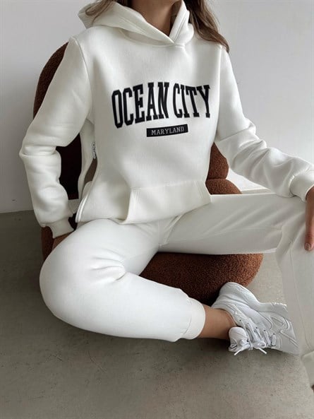 Ocean City Yan Fermuar İkili Jogger Takım Beyaz