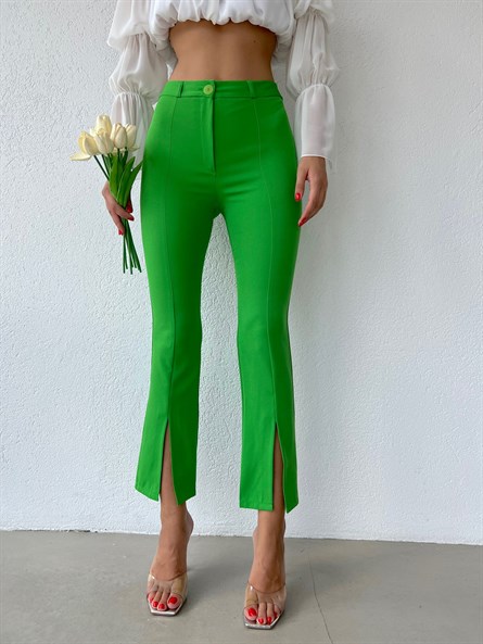 Paça Yırtmaç Midi Kumaş Pantolon Yeşil