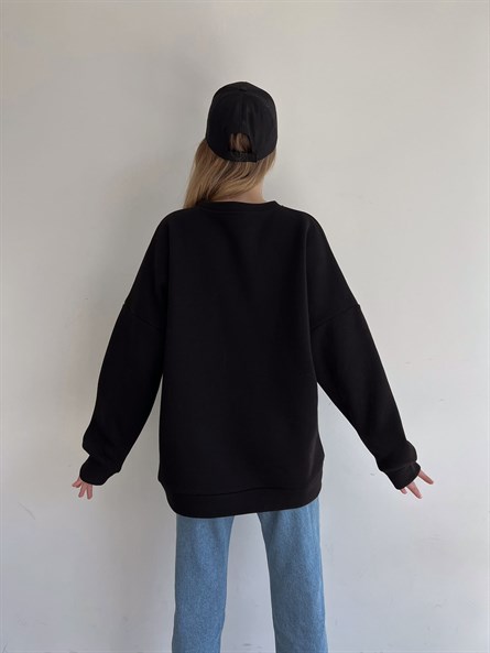 Penguen İşleme Oversize 3 İplik Sweatshirt Siyah