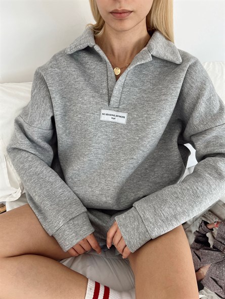 Polo Yaka Etiket Detay Sweatshirt Gri