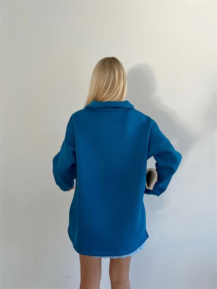 Polo Yaka Etiket Detay Sweatshirt Mavi