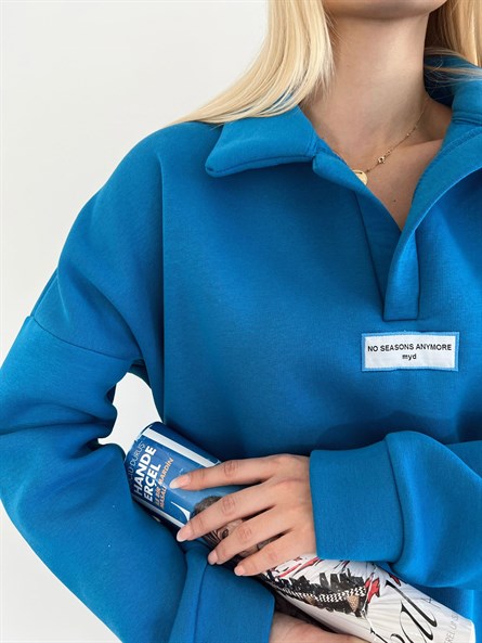 Polo Yaka Etiket Detay Sweatshirt Mavi
