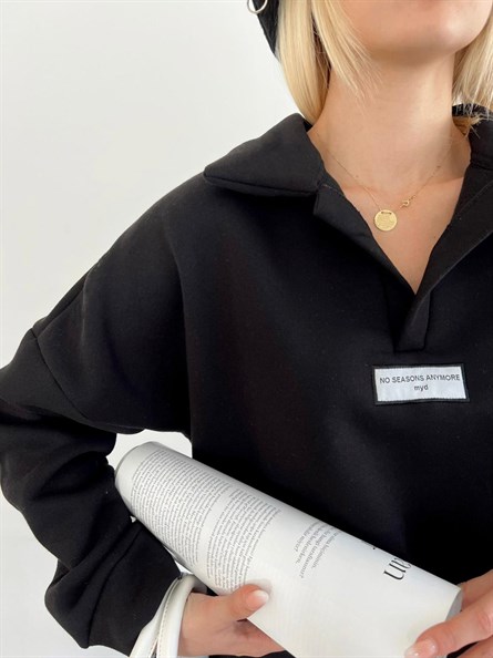 Polo Yaka Etiket Detay Sweatshirt Siyah