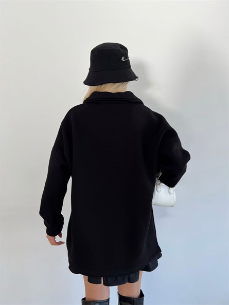 Polo Yaka Etiket Detay Sweatshirt Siyah