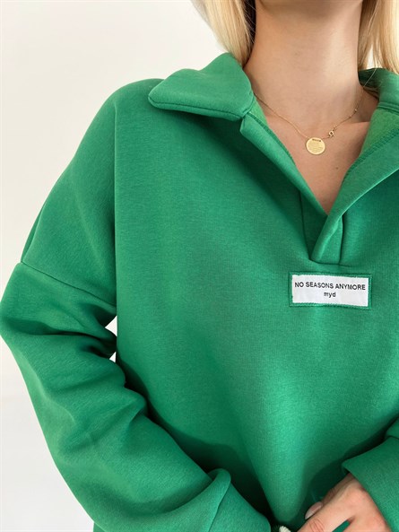 Polo Yaka Etiket Detay Sweatshirt Yeşil