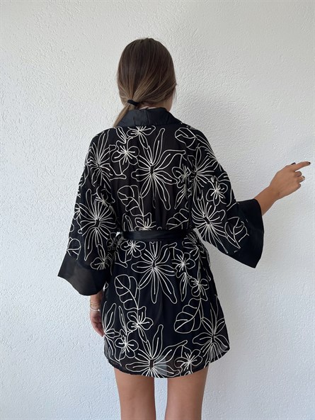 Saten Detay İşlemeli Tül Kimono Siyah