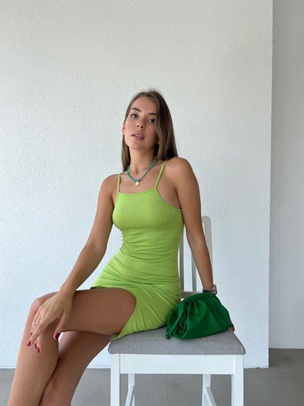 Sırt İp Detay Fitilli Basic Elbise Fıstık Yeşili
