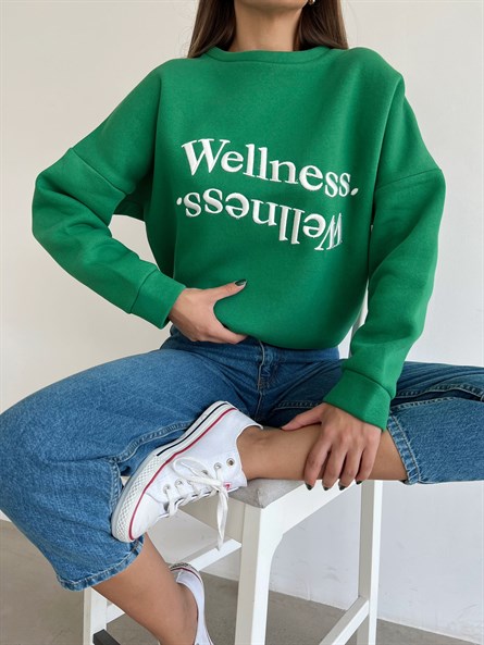 Wellness İşleme Nakışlı Oversize 3 İplik Şardonlu Sweatshirt Yeşil