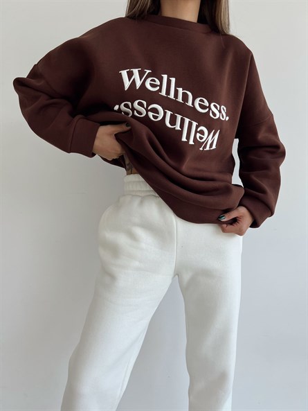 Wellness İşleme Nakışlı Oversize 3 İplik Şardonlu Sweatshirt Kahverengi