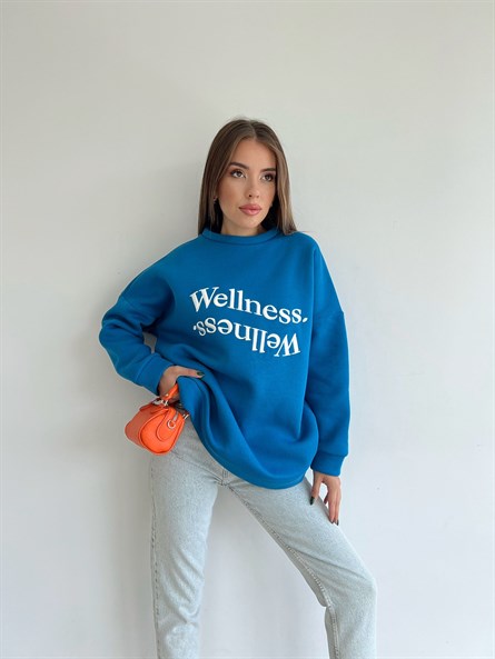 Wellness İşleme Nakışlı Oversize 3 İplik Şardonlu Sweatshirt Mavi
