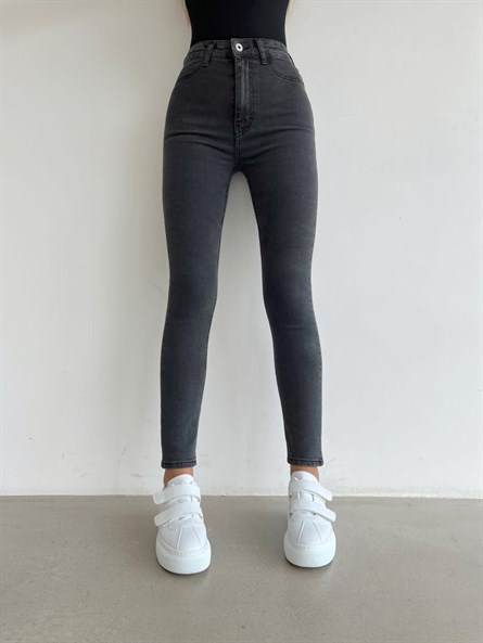 Yüksek Bel Likralı Skinny Jean Füme