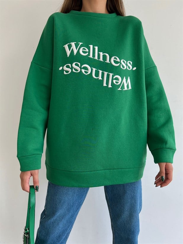 Wellness İşleme Nakışlı Oversize 3 İplik Şardonlu Sweatshirt Yeşil
