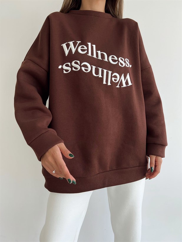 Wellness İşleme Nakışlı Oversize 3 İplik Şardonlu Sweatshirt Kahverengi